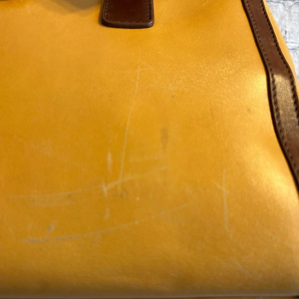 DOUGLAS HANNANT MUSTARD GOLD BROWN TRIM GOLD HARDWARE FEET TURN LOCK SATCHEL BAG - Picture 8 of 16